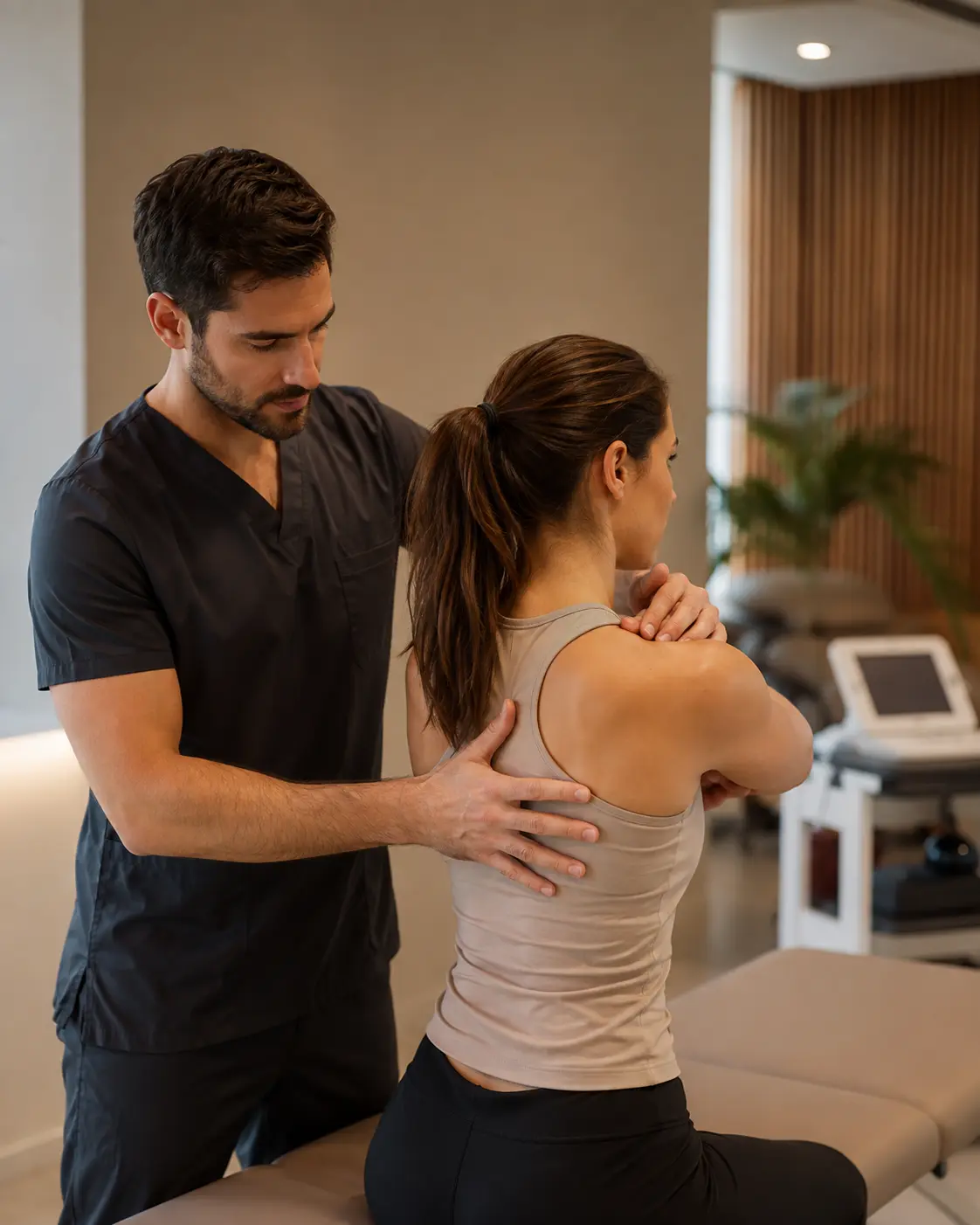 Fisioterapeuta atendiendo a un paciente en una clínica moderna