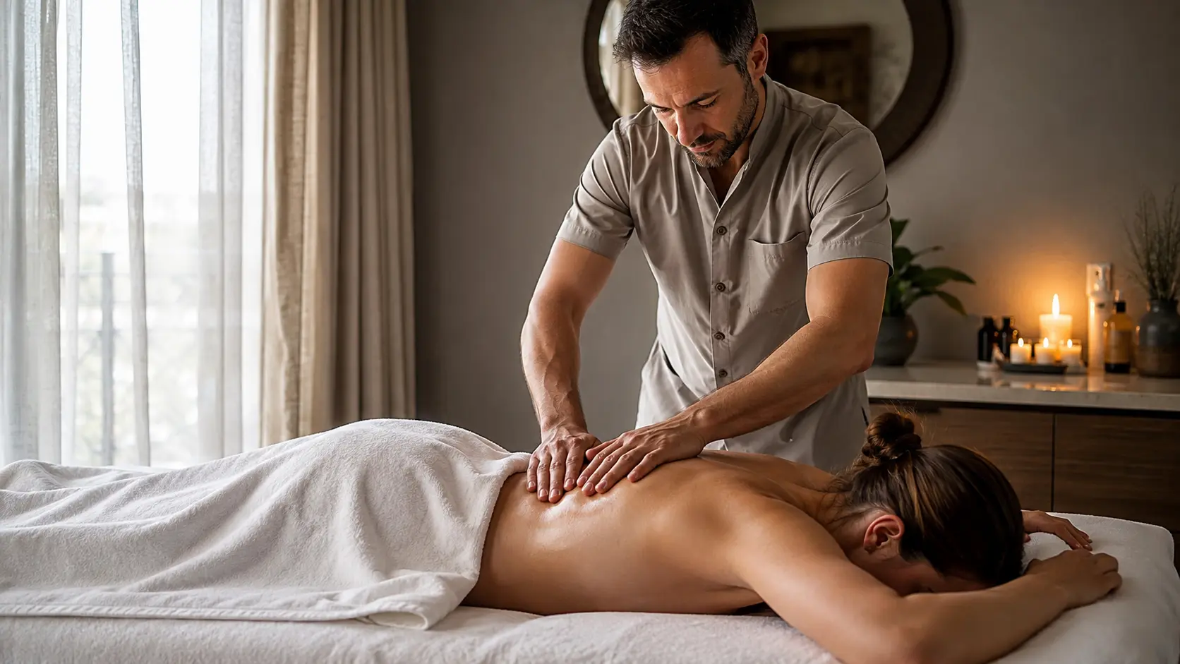 Masajista profesional realizando un masaje en un centro de bienestar
