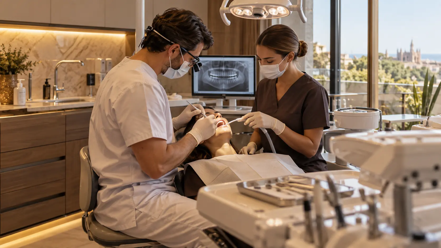 Profesional de odontología atendiendo en una clínica dental
